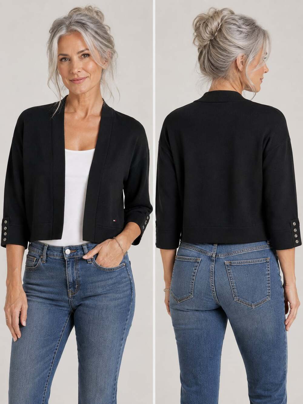 Tommy Hilfiger Black Open Front Cropped Cardigan with 3/4 Sleeves and Cuff Butto